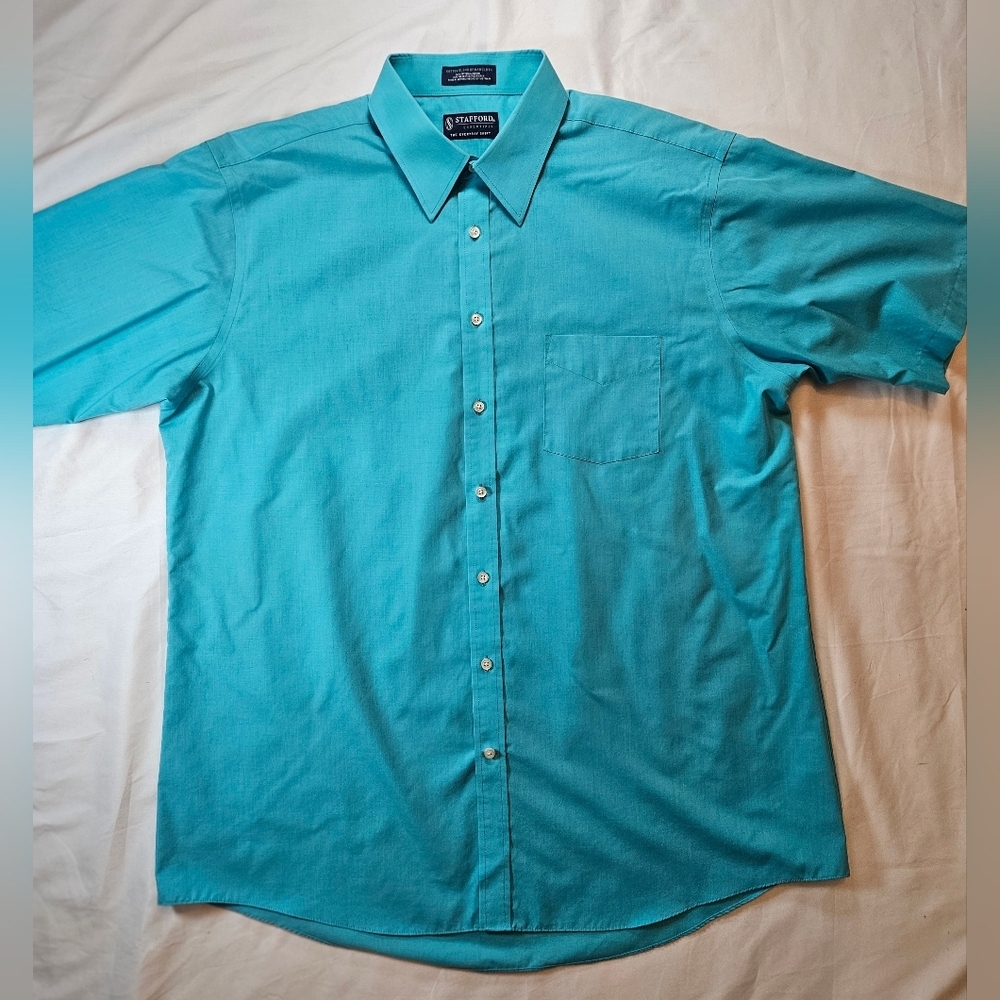 Stafford Mens Bright Blue Short Sleeve Button Up Everyday Shirt Size 17 1/2